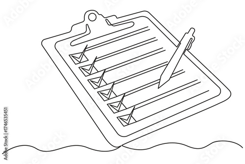 
Continuous single line art Checklist on clipboard with pen for task management and organization.
