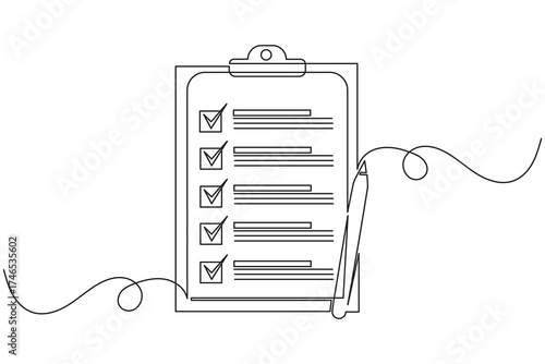 
Continuous single line art Checklist on clipboard with pen for task management and organization.
