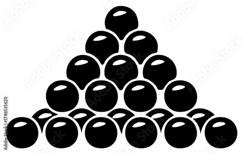 A simple black and white graphic illustration of cannonballs stacked in a pyramid