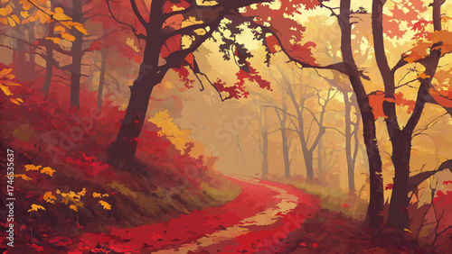 Autumnal Forest Path Red and Gold Leaves Misty Woods Winding Road Fall Scenery Nature Illustration.