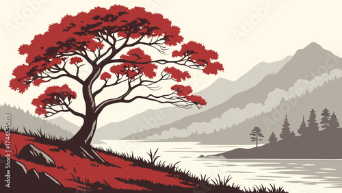 Autumnal Tree by River and Mountains Nature Landscape Illustration Fall Scenery Red Tree Minimalist Design.