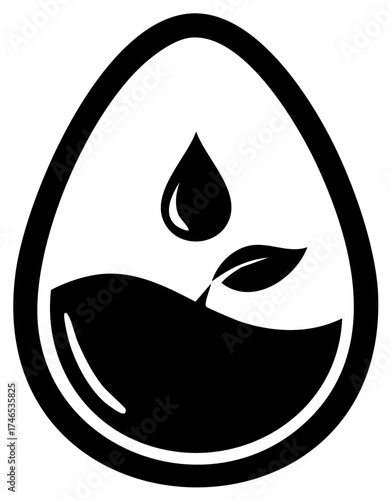 Black outline egg shape containing a water drop and a sprouting plant