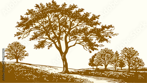 Autumnal Tree Landscape Illustration Nature Scene with Trees Brown and Beige Color Palette Rural Idyll Artistic Drawing of Trees Simple Nature Illustration Fall Foliage Vector Tree Graphic.