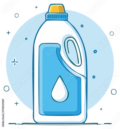 Stylized cartoon illustration of a blue liquid cleaning product bottle with a yellow cap and a white drop icon