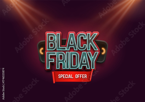 Black Friday banner. Promotion sale poster with discount offer. Marketing advertisement and online store concept. Vector illustration.