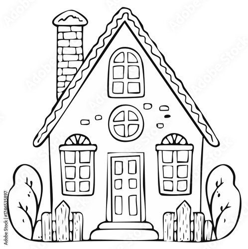 Hand drawn cottage house illustration with fence chimney and windows