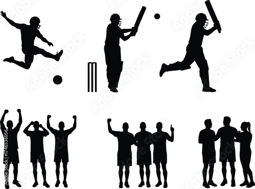 Silhouette illustration of cricket and soccer players celebrating, playing matches, teamwork communication, and sports victory moments concept for competition vector design