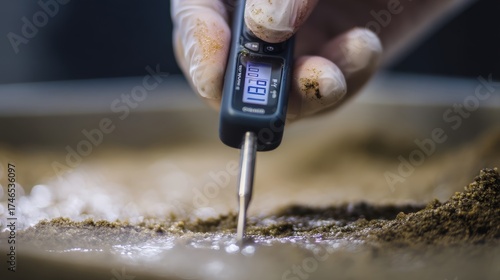 Close-up of a lab assistant submerging an electrode of a portable EC/TDS meter into wet soil