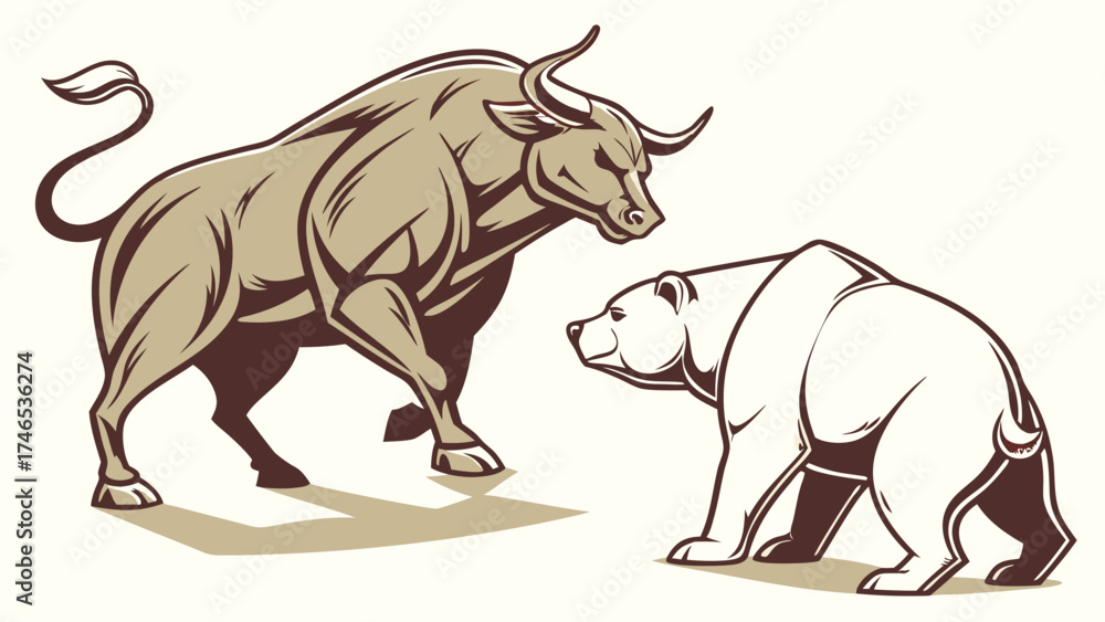 Fototapeta premium Bull and Bear Confrontation Stock Market Illustration Investment Finance Trading Wall Street Economy Business Animal Wildlife Mascot Logo Design Graphic Design Vector Art Competition.