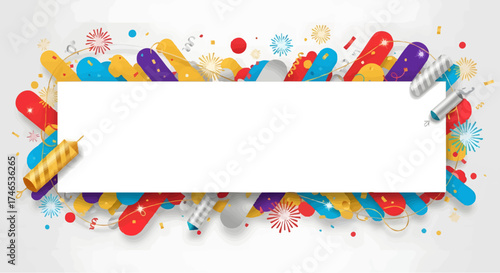 Celebratory Banner with Colorful Confetti, Streamers, and Firecrackers, Blank Text Space for Messages