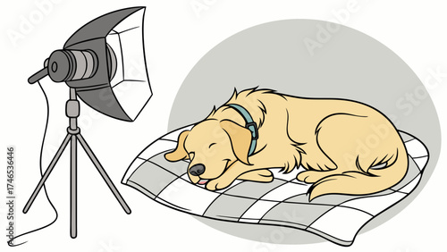 Cartoon dog sleeping on a blanket under a studio light.