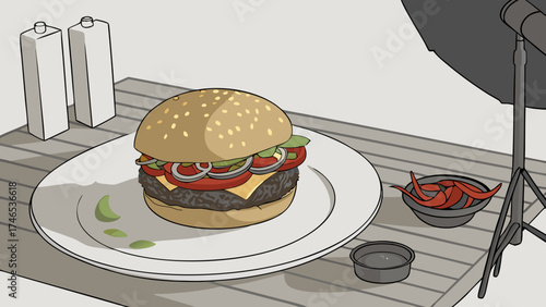 Cheeseburger Food Photography Studio Still Life Delicious Burger on Plate Restaurant Menu Fast Food Illustration.