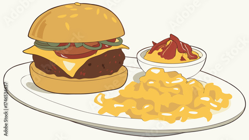 Cheeseburger Meal with Mac and Cheese and Sauce Illustration.