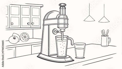 Citrus juicer in a kitchen setting hand-drawn illustration home appliance healthy lifestyle breakfast kitchenware design element.