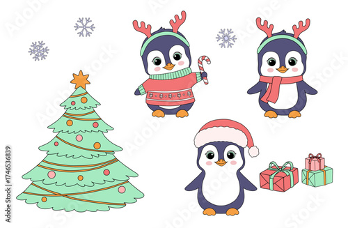 Cute penguin with red deer antlers, Christmas tree. Funny Christmas animal isolated on white background. Childish vector festive hand drawn illustrations set.