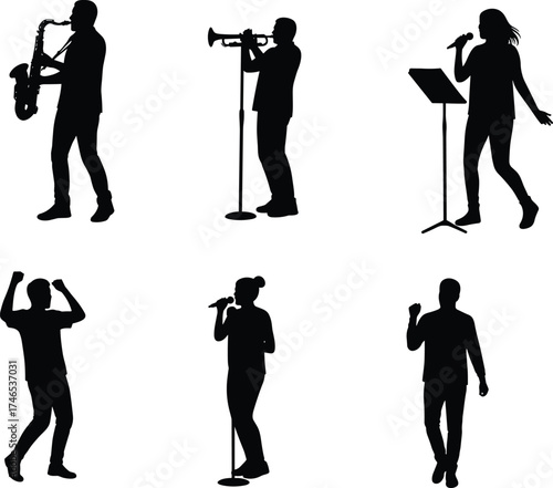 Silhouette musicians and performers playing instruments, singing, dancing with microphones and music stands, entertainment vector set for performing arts scenes