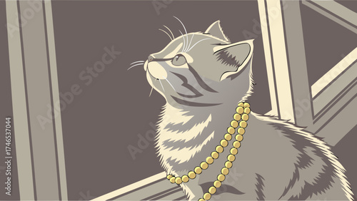 Cute Kitten Wearing a Pearl Necklace Adorable Pet Illustration Stylish Cat Design.