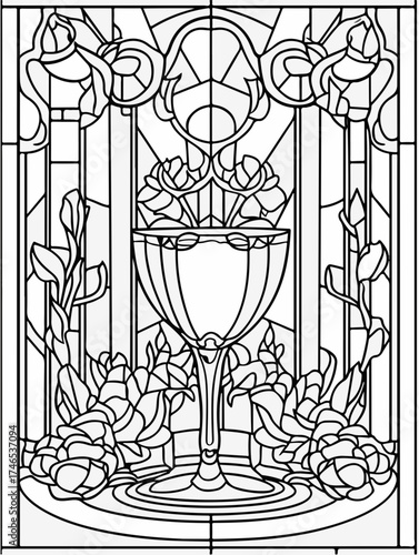 Vektorgrafik aus der Reihe: malbuch, malseite, printable, erwachsene, ausmalen, vorglühen, glas, mandala, sakral, kloster, mädelsabend, kirchenfenster,