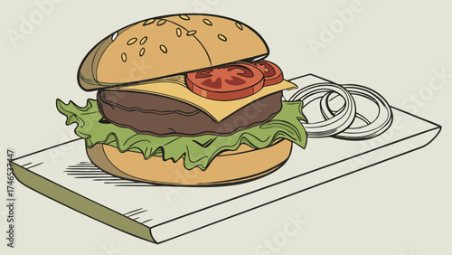 Delicious Cheeseburger on Wooden Board Fast Food Illustration Menu Design Restaurant Graphic.