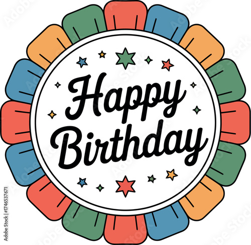 Happy birthday badge with colorful scalloped edge isolated on white background