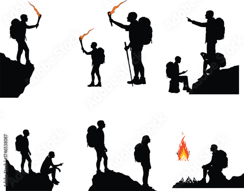 Silhouette illustration of hikers and campers exploring mountains, holding torches, lighting campfire, and enjoying outdoor adventure travel and nature exploration concept vector