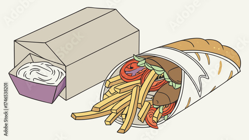 Fast Food Wrap with French Fries and Sauce Cartoon Illustration for Menu Design or Restaurant Marketing.