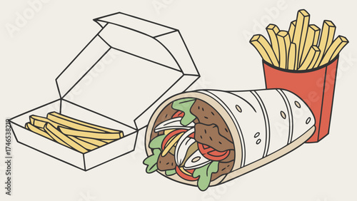Fast food kebab wrap french fries takeaway illustration cartoon menu restaurant food delicious dinner lunch snack graphic design vector drawing art style tasty appetite eat.