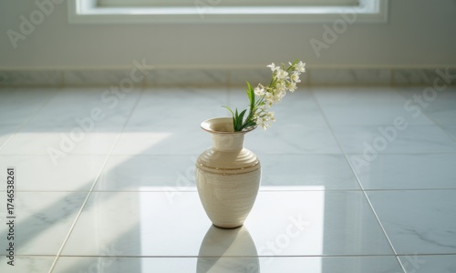 Minimalist cream vase with white flowers on a polished tiled floor, lit by soft window light
