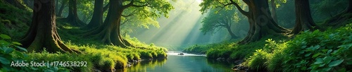 Serene Sunlight Dapples Lush Forest Paradise Crystal Stream, Ancient Trees, Vibrant Green