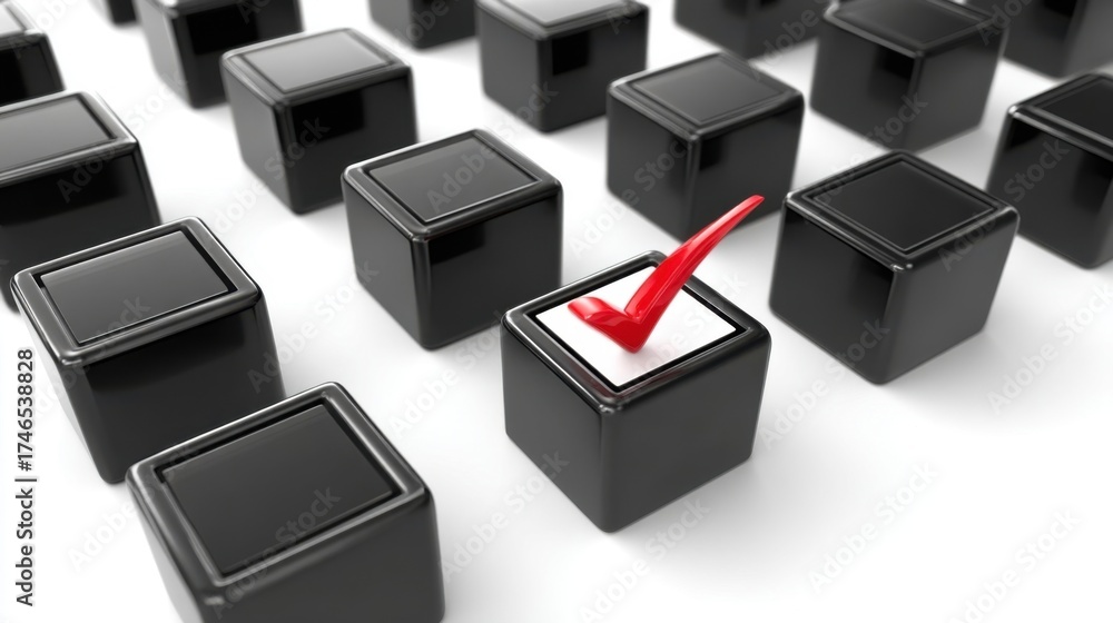 Obraz premium Numerous glossy black square cubes placed closely together on a white surface,