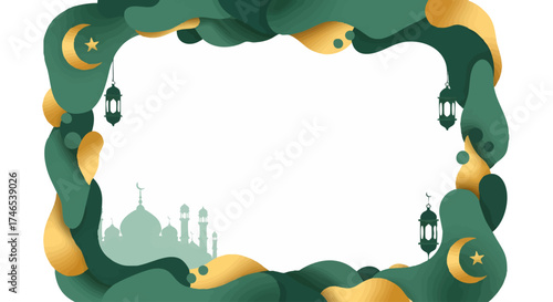 Elegant Islamic Frame Embrace Festive Season with Gold and Green Elements, perfect for celebrations