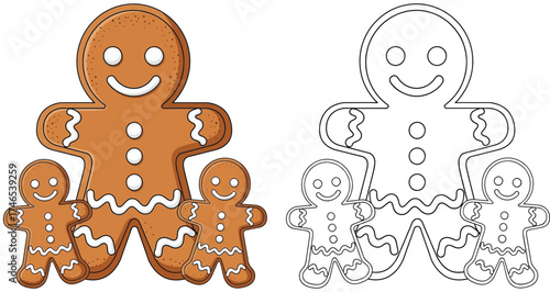 Adorable Gingerbread Family Cookie - Christmas Holiday Sweets with Outline Version