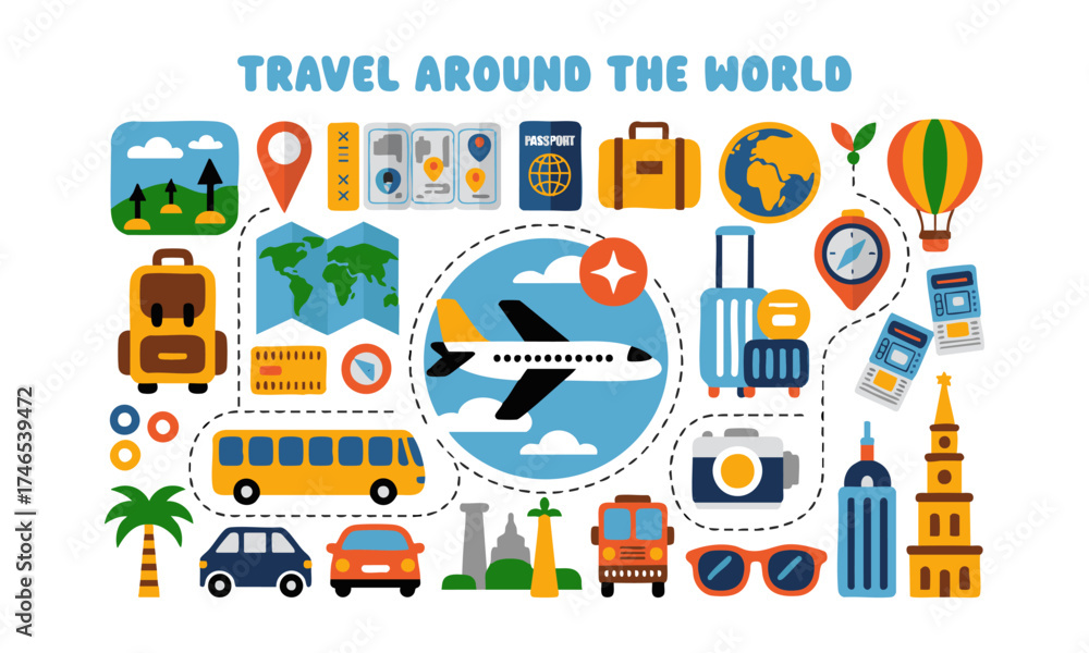 Fototapeta premium Around the World Icon Set – Air, Road & Rail Transport with Map & Globe – Black Minimal Vector, travell elements, easily editable.