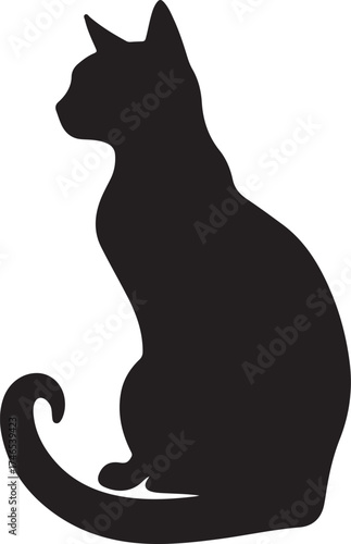 Elegant black cat silhouette sitting gracefully with a curled tail