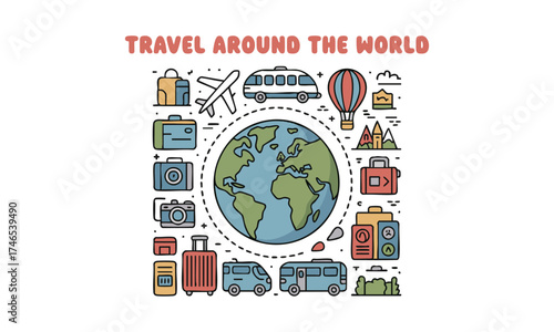 Travel Essentials Icon Board – Passport, Suitcase, Camera & Sunglasses – Black Doodle Vector, travel elements, easily editable.