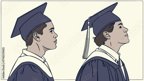Graduation illustration two graduates in caps and gowns profile view academic achievement success education commencement ceremony vector art graphic design diploma degree celebration.