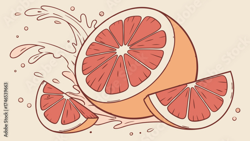 Grapefruit slices with juice splash Fresh citrus fruit illustration summer design healthy food graphic vibrant color palette vector art food illustration juicy citrus refreshing drink sum.