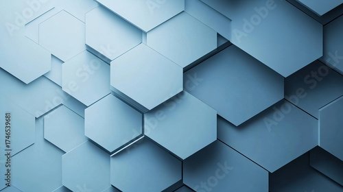 Modern abstract geometric background with layered hexagon shapes in blue tones creating futuristic and dynamic design with depth and shadow effects