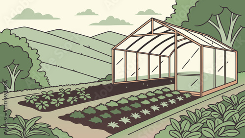 Greenhouse in a garden with plants and hills in the background.
