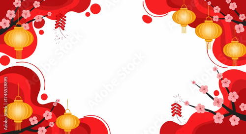 Festive banner for a Chinese New Year celebration with traditional hanging lanterns, plum blossoms, and firecrackers on a vibrant red and white background