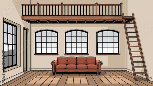 A room with a sofa three windows a ladder and a loft with a railing in a cartoon style illustration