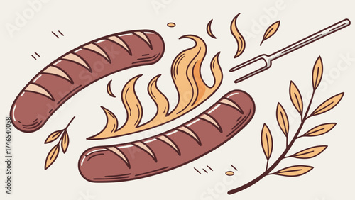 Grilled Sausages with Flames and Wheat Illustration Food Design BBQ Summer Picnic Menu Graphic.