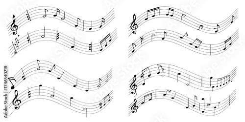 Abstract wavy musical staff with notes and treble clefs on white background