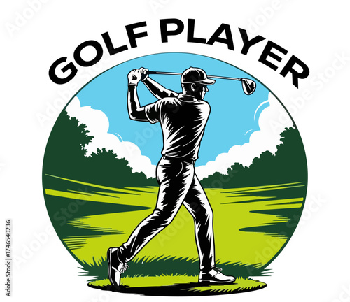 Golf Player Sports Symbol Illustration — Abstract Vector of Golfer Swinging Club on Green Ground, Sport Logotype Design Isolated on White Background
