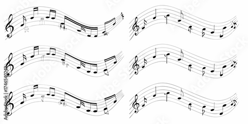 Abstract flowing musical staff with treble clef and black notes on a white background