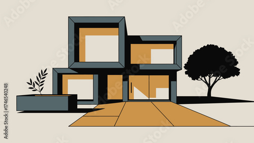 Illustration of a modern house with a boxy design and a tree on the right side of the image