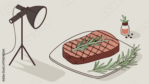 Grilled Steak Food Photography Studio Setup Rosemary Pepper and Oil Illustration.