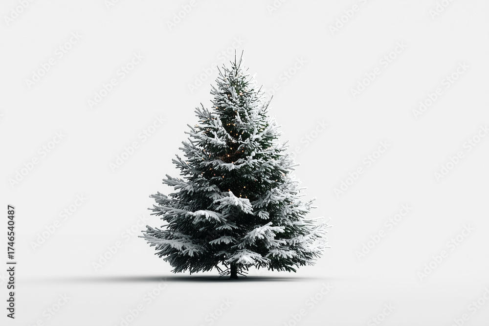 Fototapeta premium Snow covered Christmas tree on white background.
