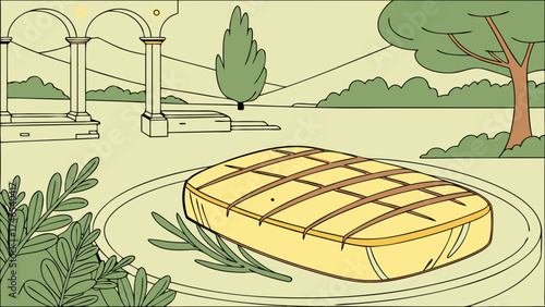 Grilled steak on a plate idyllic landscape background food illustration summer meal restaurant menu cooking herbs greenery outdoor dining fine dining simple illustration vector art gr.