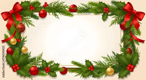 Festive Christmas Wreath Frame with Ornaments, Bows, and Berries for Holiday Greetings